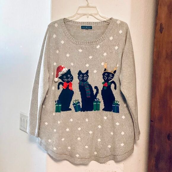 Karen Scott Holiday Meowy Cat NOT-Ugly Christmas Sweater in Gray 1X - Picture 2 of 11
